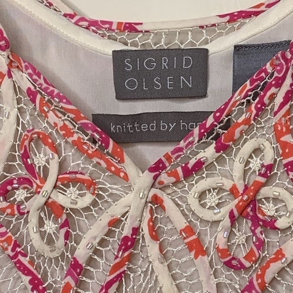 Sigrid Olsen Pink White Silk Lined Hand Knit Woven Beaded V Neck Camisole Top L - Picture 7 of 17